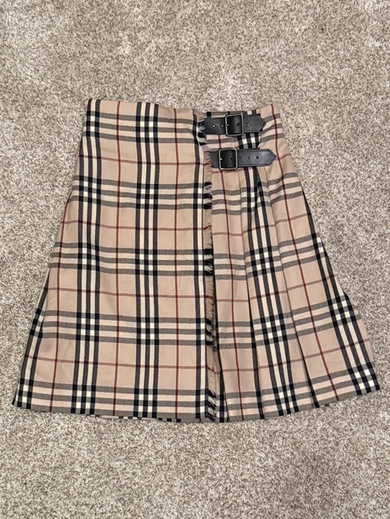 Burberry Dresses & Skirts - Burberry Beige Plaid Pleated Skirt with Black and Red Trim